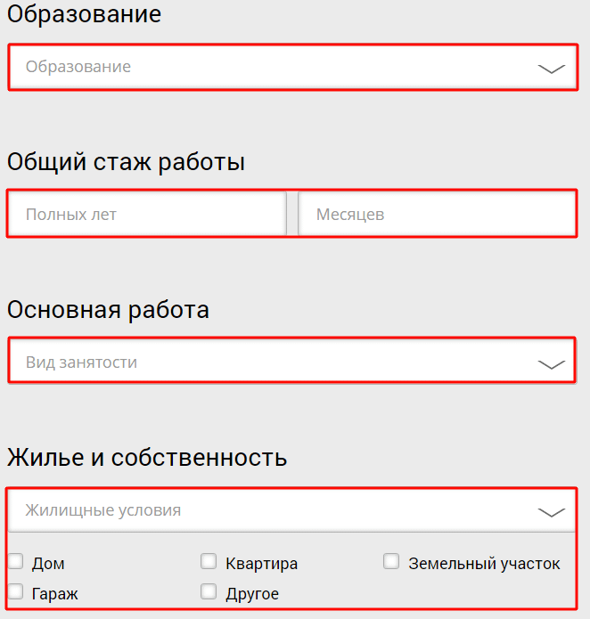 Заполнение пунктов о месте работы и образовании в анкете на получение кредитного лимита